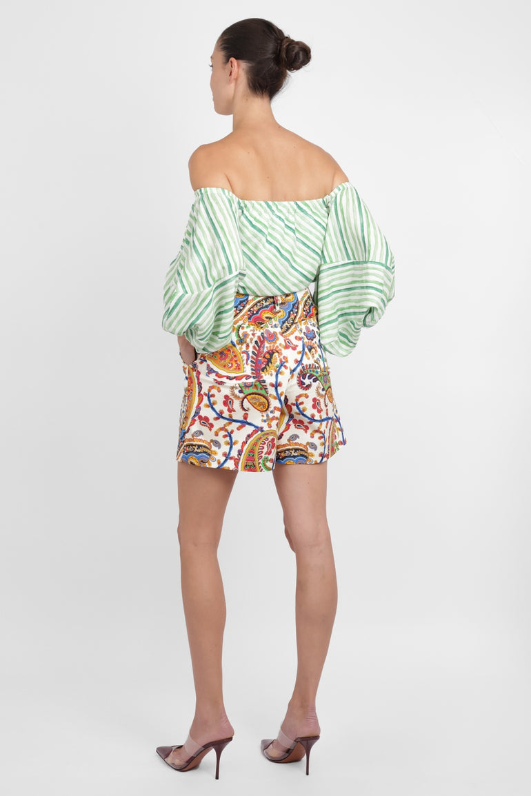 ROSIE ASSOULIN RTW Strapless Balloon Sleeve Watercolour Stripe Top | Green/White