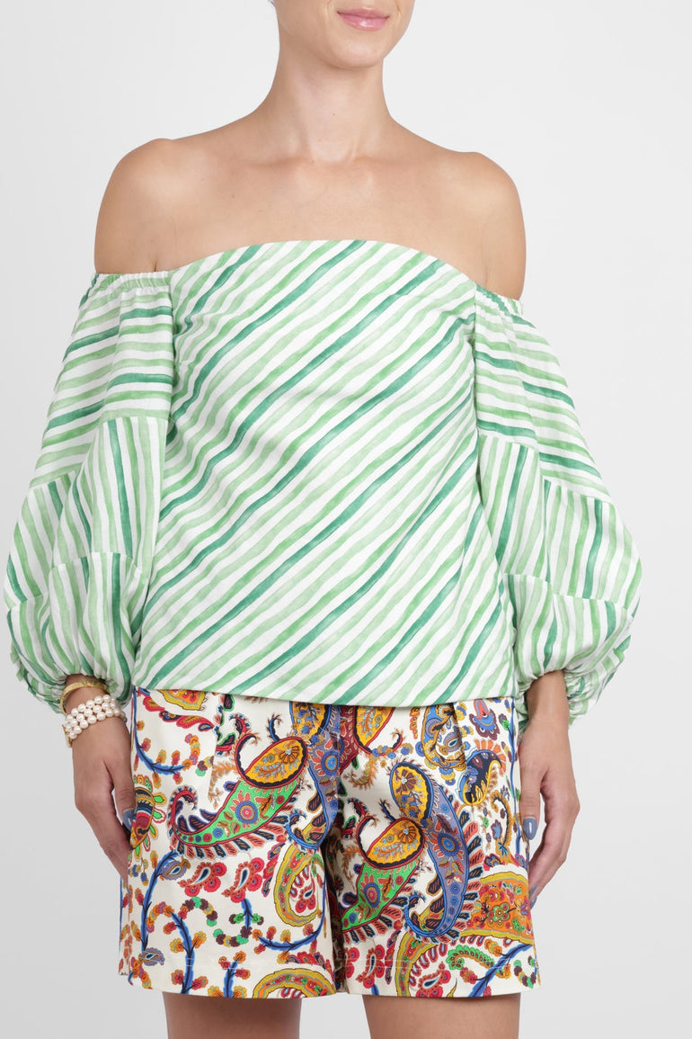 ROSIE ASSOULIN RTW Strapless Balloon Sleeve Watercolour Stripe Top | Green/White