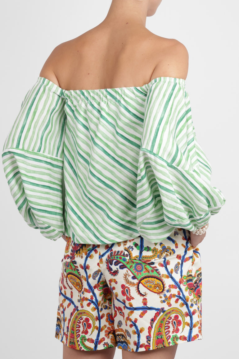 ROSIE ASSOULIN RTW Strapless Balloon Sleeve Watercolour Stripe Top | Green/White