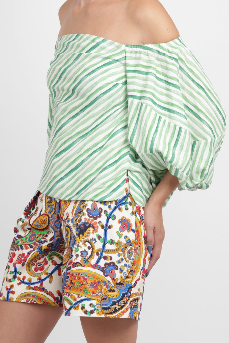 ROSIE ASSOULIN RTW Strapless Balloon Sleeve Watercolour Stripe Top | Green/White