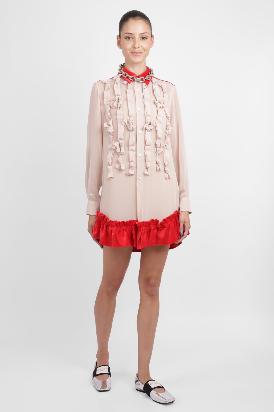 COMME DES GARCONS RTW Bow Embellish L/S Shirt With Velvet Ruffle Hem | Beige/Red