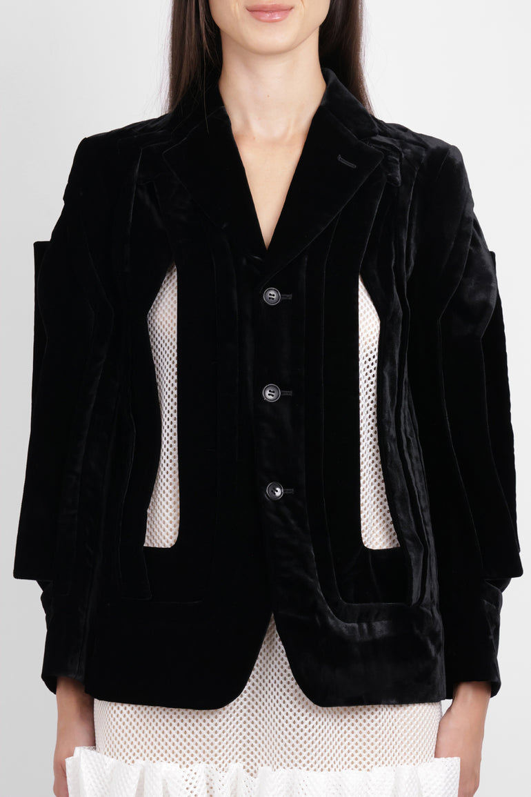 COMME DES GARCONS RTW Single Breast Velvet Cut Out Panel Jacket | Black