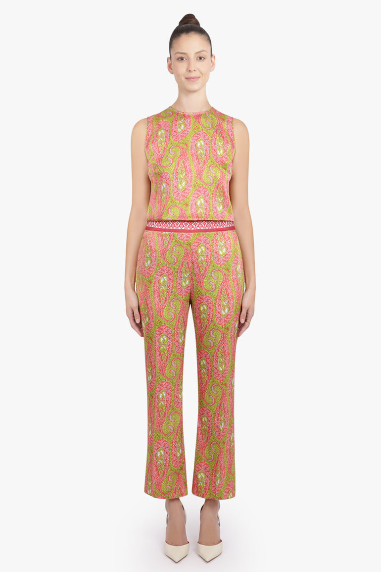 ETRO RTW Paisley Print Straight Leg Pant | Green/Pink