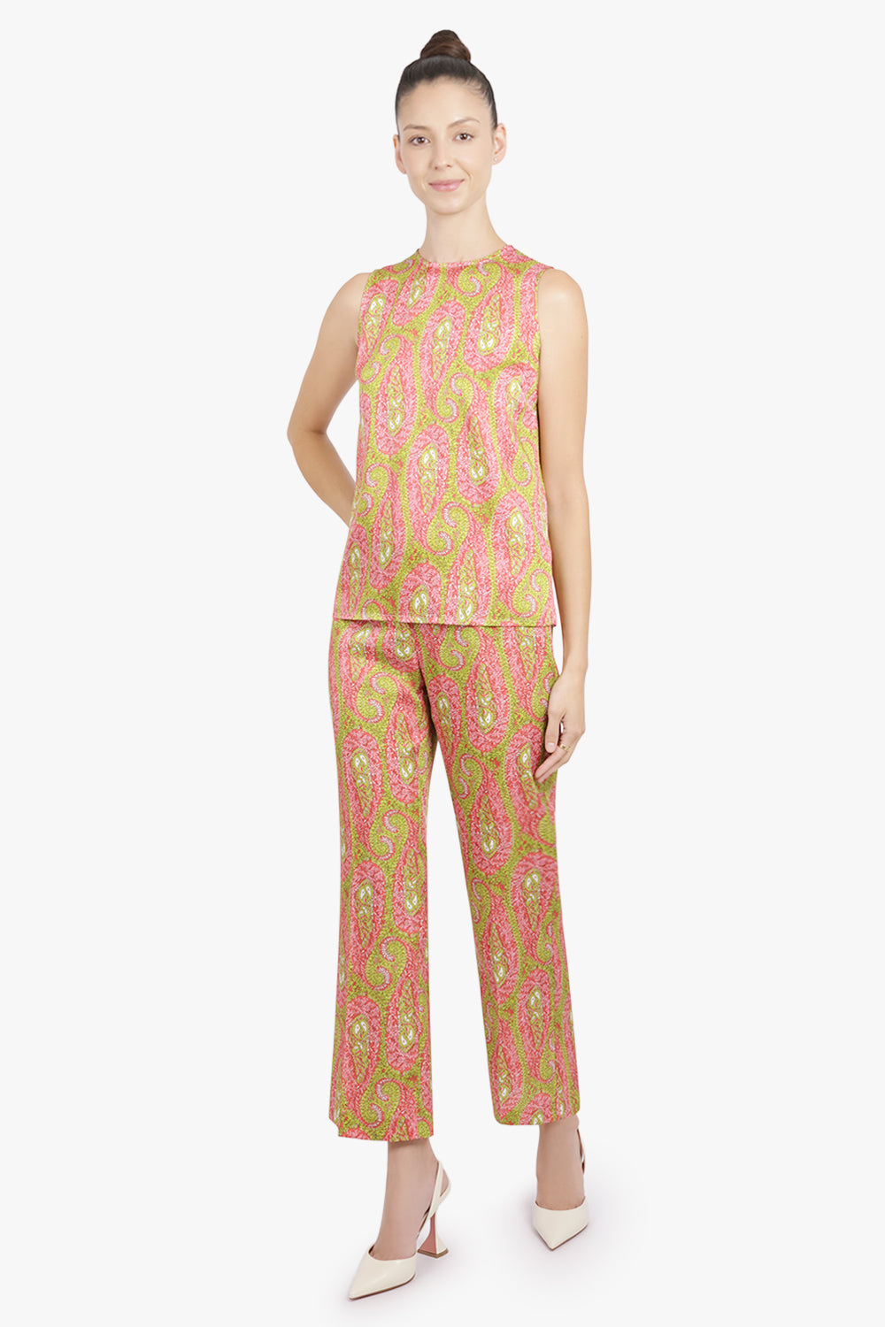 ETRO RTW Paisley Print Straight Leg Pant | Green/Pink