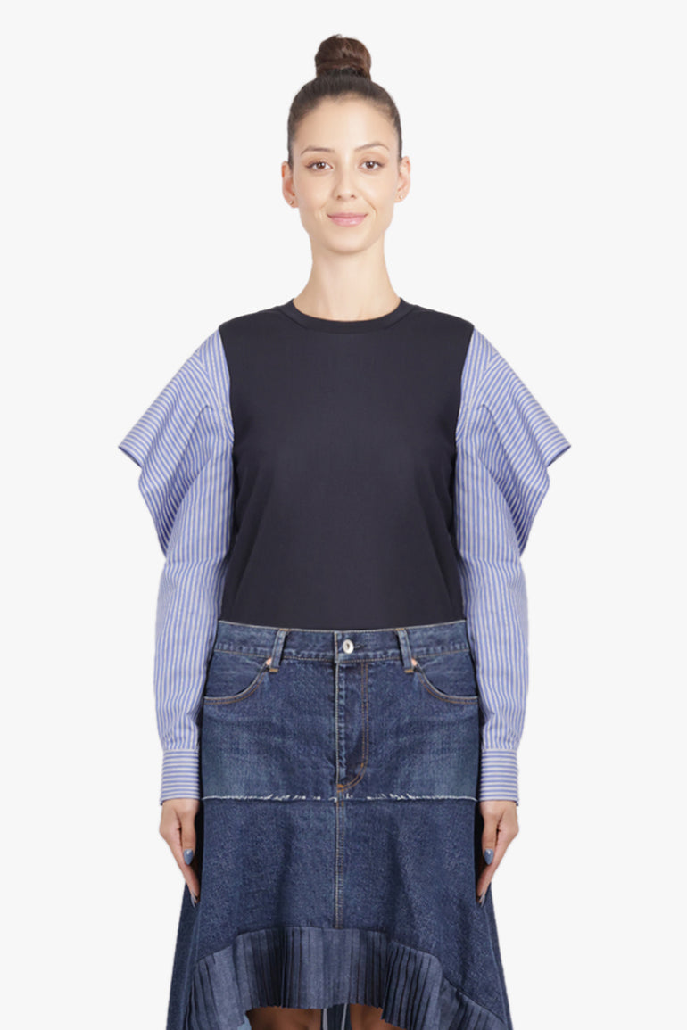 SACAI RTW L/S Stripe Top With Cowl Sleeve | Navy/Blue