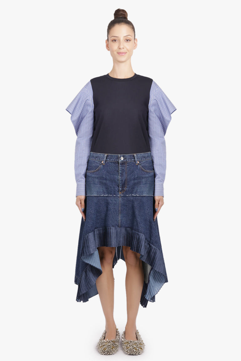 SACAI RTW L/S Stripe Top With Cowl Sleeve | Navy/Blue