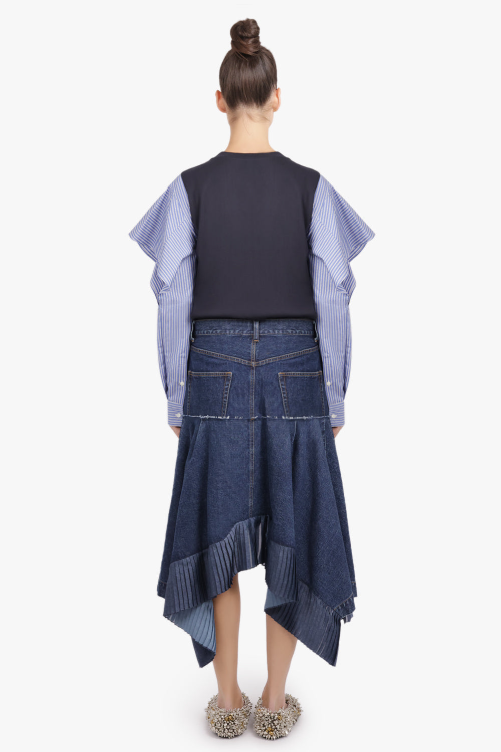 SACAI RTW L/S Stripe Top With Cowl Sleeve | Navy/Blue