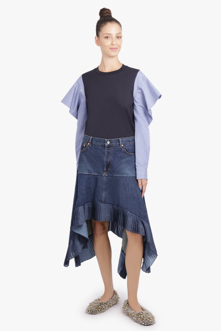 SACAI RTW L/S Stripe Top With Cowl Sleeve | Navy/Blue