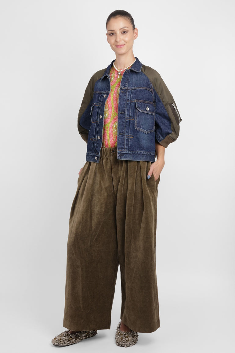SACAI RTW Contrast Denim Jacket With 3/4 Sleeves | Blue/Khaki