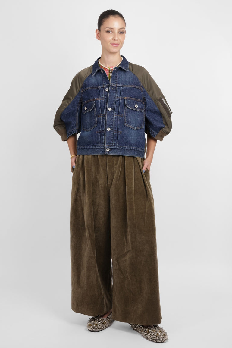 SACAI RTW Contrast Denim Jacket With 3/4 Sleeves | Blue/Khaki