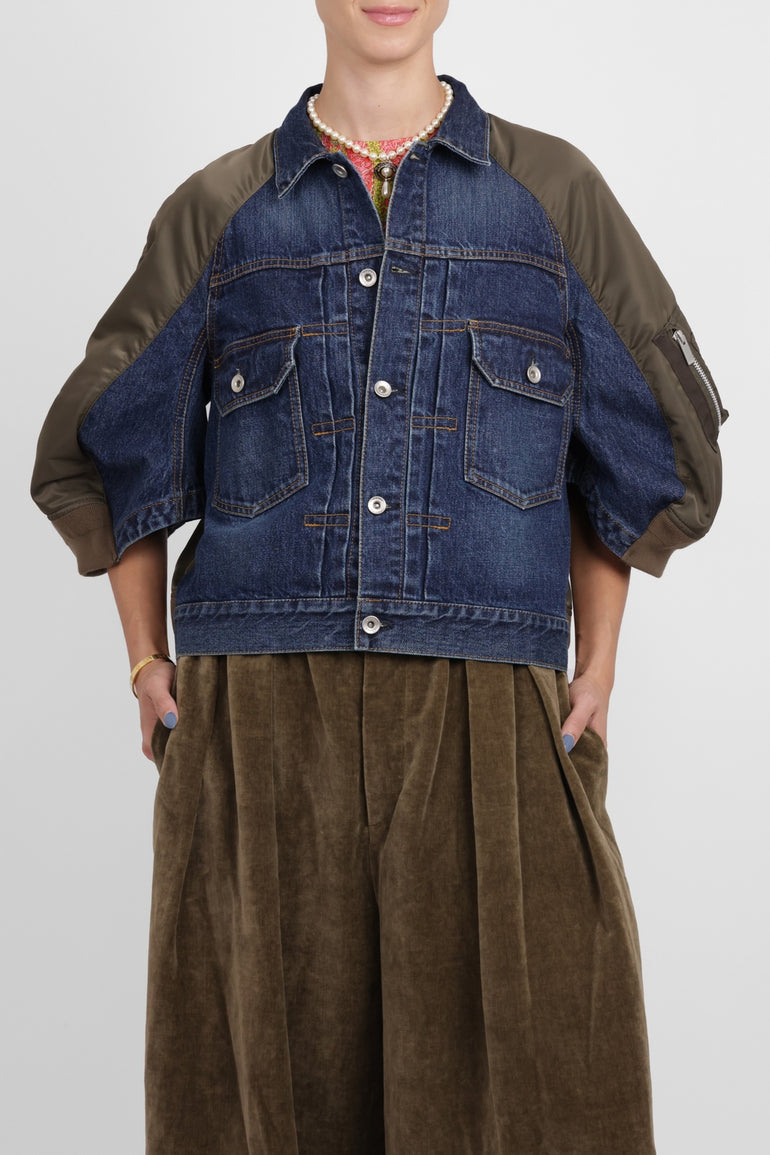 SACAI RTW Contrast Denim Jacket With 3/4 Sleeves | Blue/Khaki