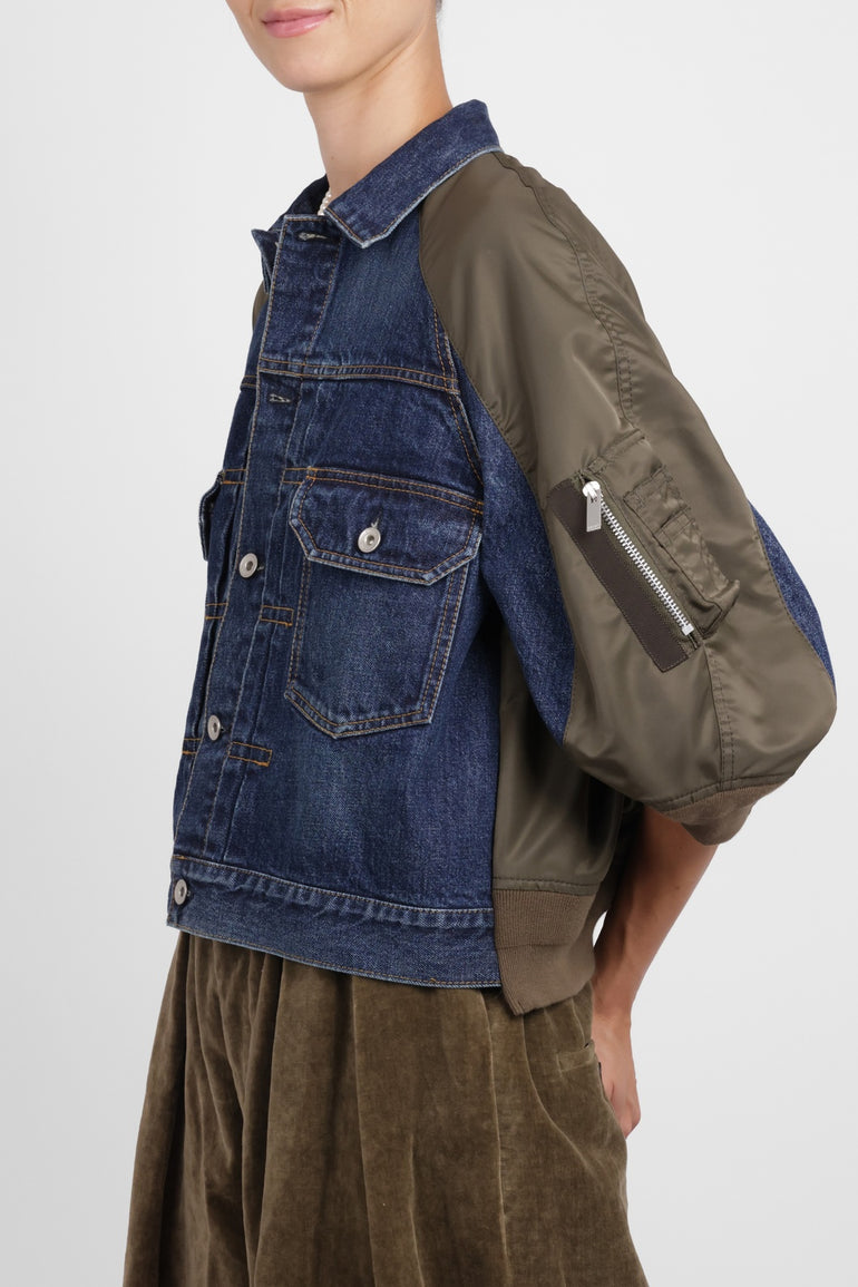 SACAI RTW Contrast Denim Jacket With 3/4 Sleeves | Blue/Khaki