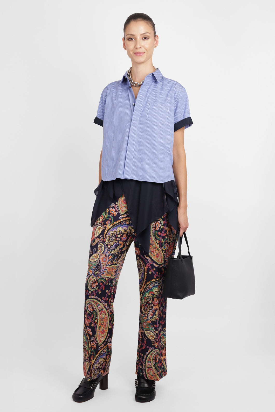 SACAI RTW S/S Stripe Shirt With Drape Panel Detail | Blue/Navy