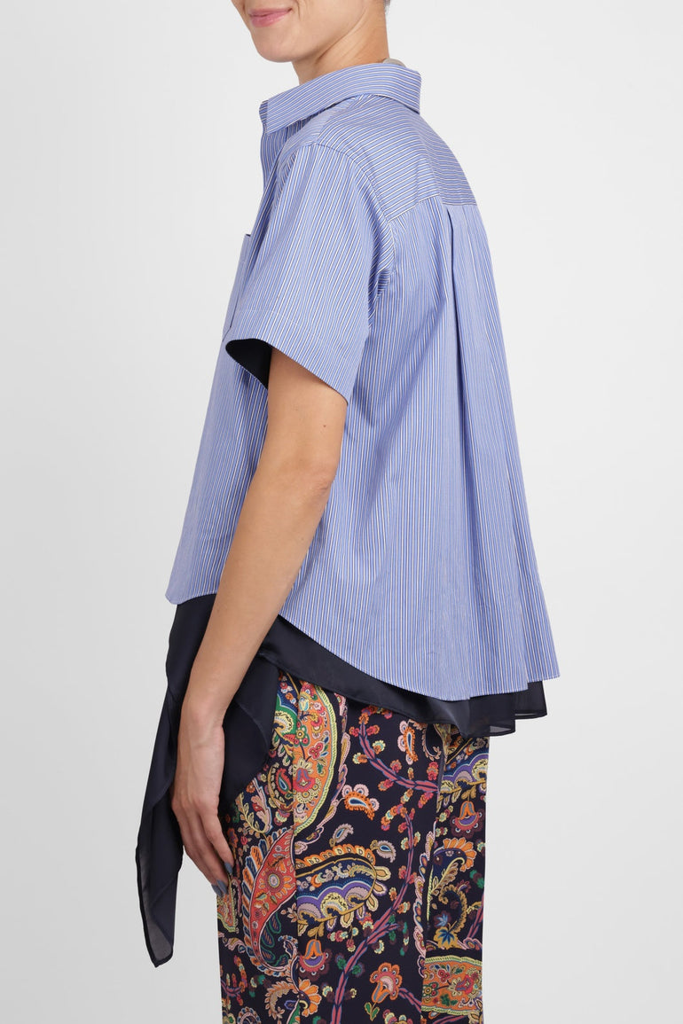 SACAI RTW S/S Stripe Shirt With Drape Panel Detail | Blue/Navy