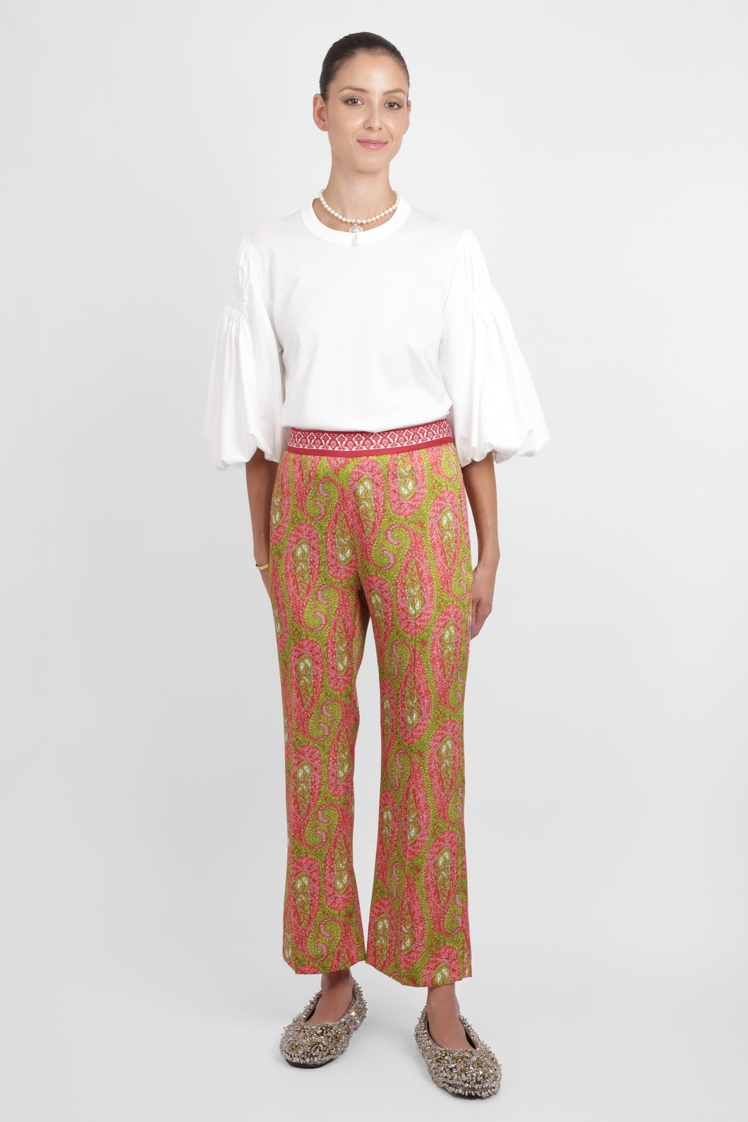 ETRO RTW Paisley Print Straight Leg Pant | Green/Pink