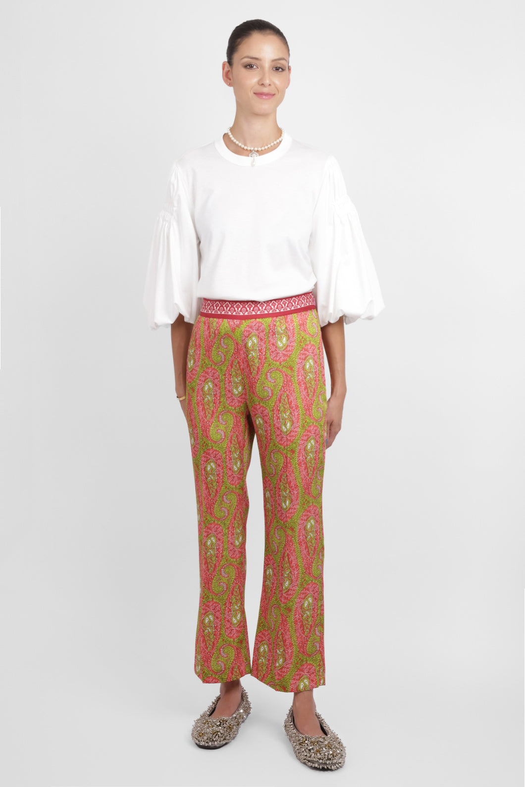 ETRO RTW Paisley Print Straight Leg Pant | Green/Pink
