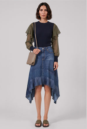 Asymmetric Denim Skirt with Pleated Hem | Blue