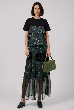 Floral Print Sheer Panel Midi Skirt | Brown/Multi