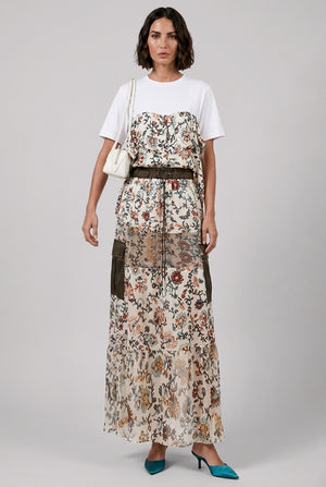 Floral Print Sheer Panel Midi Skirt | Ivory/Multi