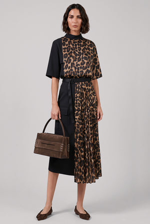Leopard Print Pleat X Suit Midi Skirt | Black/Beige