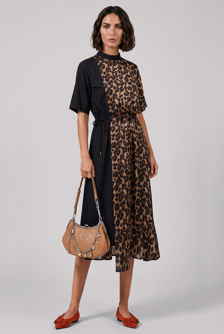 SACAI Dresses Leopard Print X Suit Midi Dress | Black/Beige