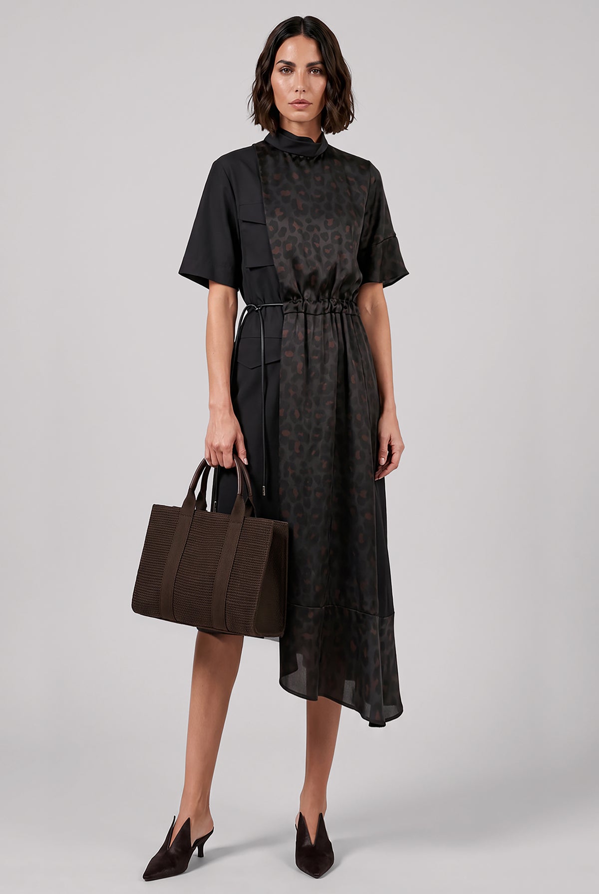SACAI Dresses Leopard Print X Suit Midi Dress | Black/Khaki