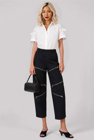 Drawstring Waist Panel Crop Pant | Black