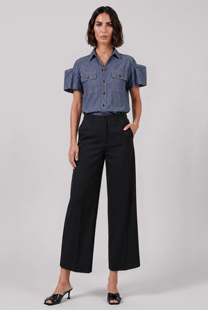 S/S Denim Shirt With Puff Sleeves | Blue