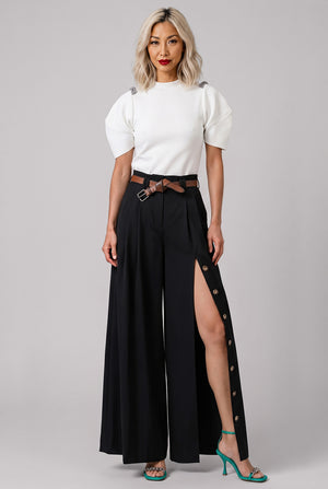 High Side Split Pants with Button Closures | Black