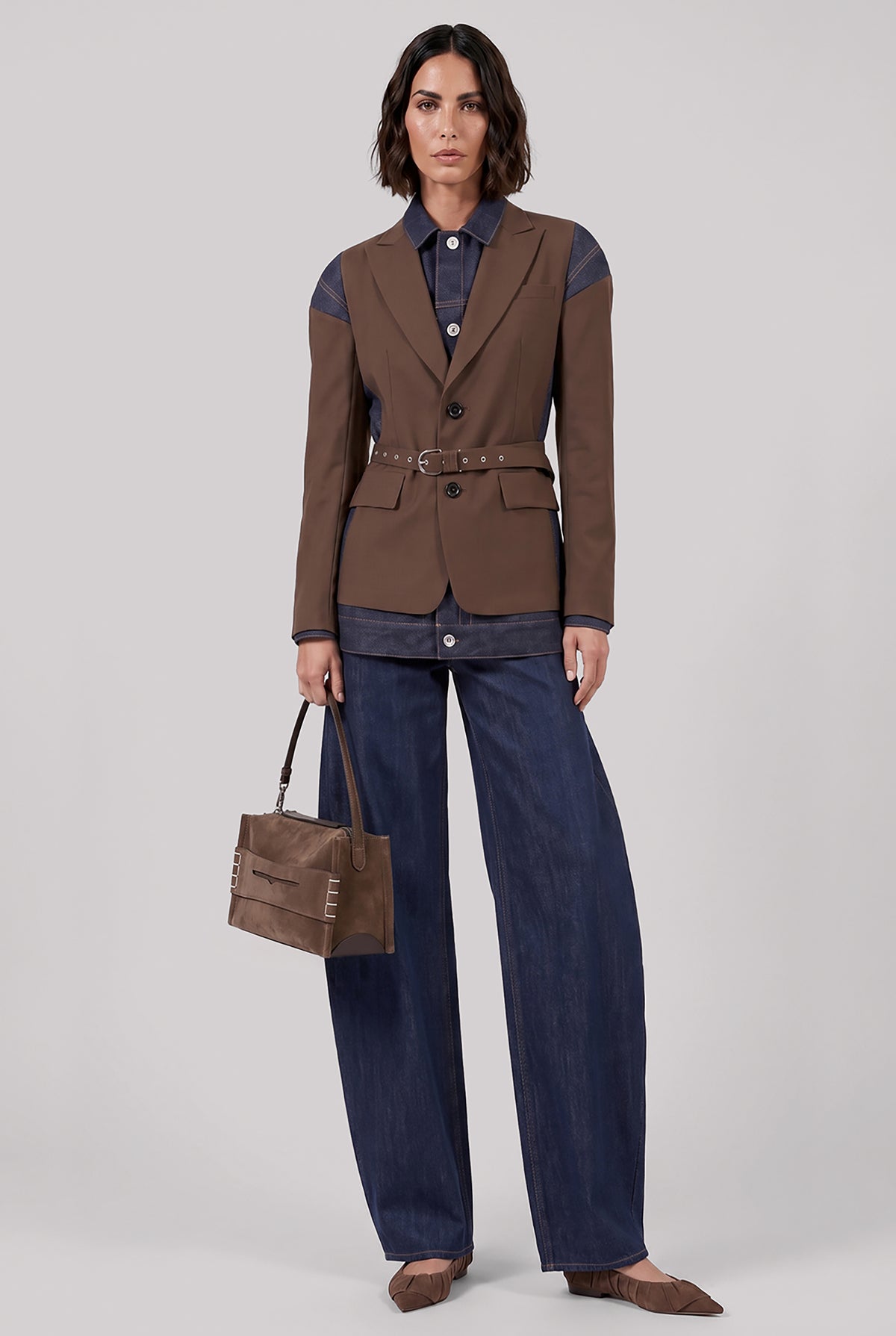 SACAI RTW Suiting X Denim Single Breast Belt Jacket | Brown/Indigo