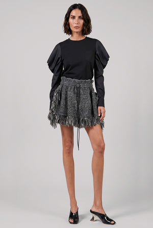L/S Silky X Knit Pullover With Tiered Flutter Sleeves | Black