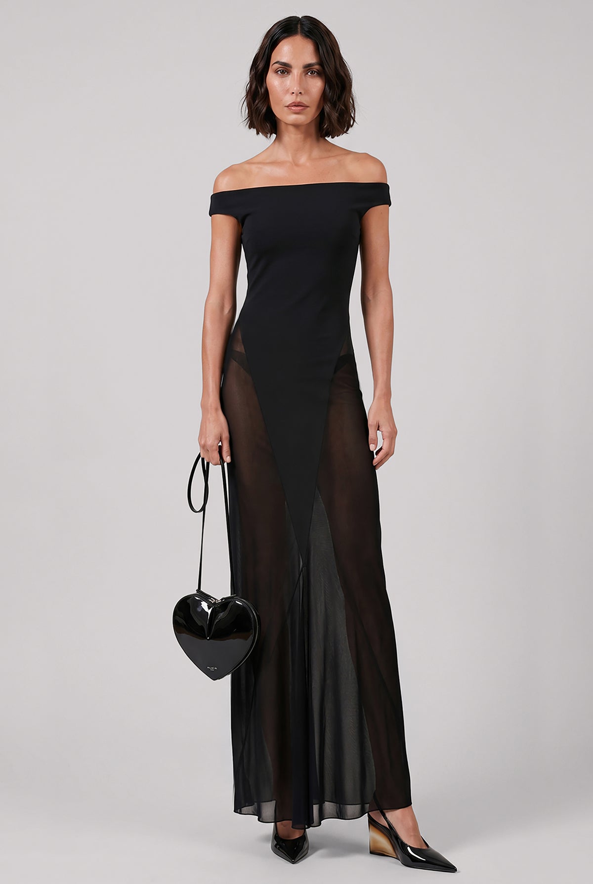 ALAIA DRESSES BLACK / Black / 36 Off Shoulder Sheer Bodycon Dress | Black
