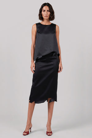 Deconstructed Hem Midi Skirt | Black