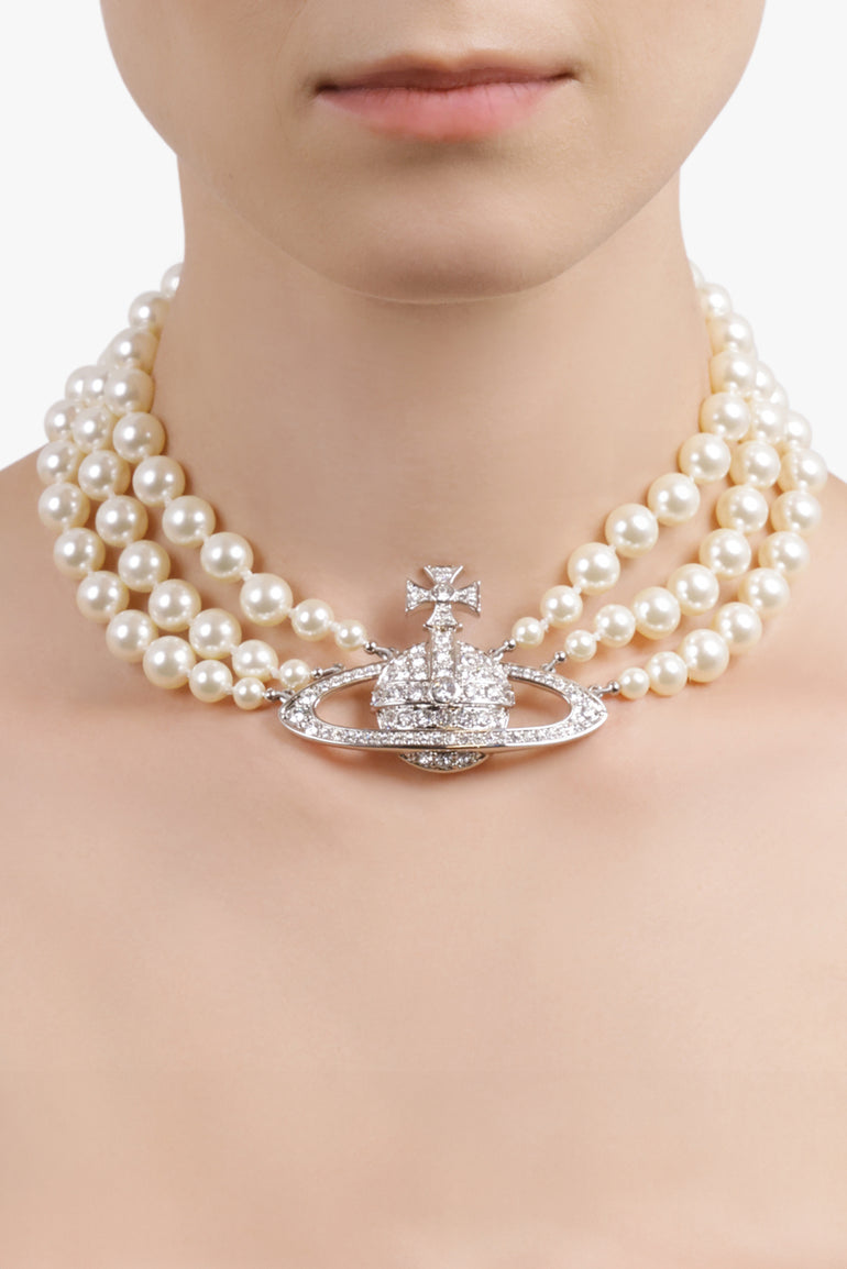 VIVIENNE WESTWOOD JEWELLERY SILVER / White/Silver Three Row Pearl Bas Relief Choker | White/Silver