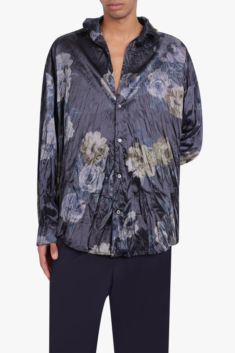 ACNE STUDIOS RTW Floral Print Crinkle Satin Shirt | Navy