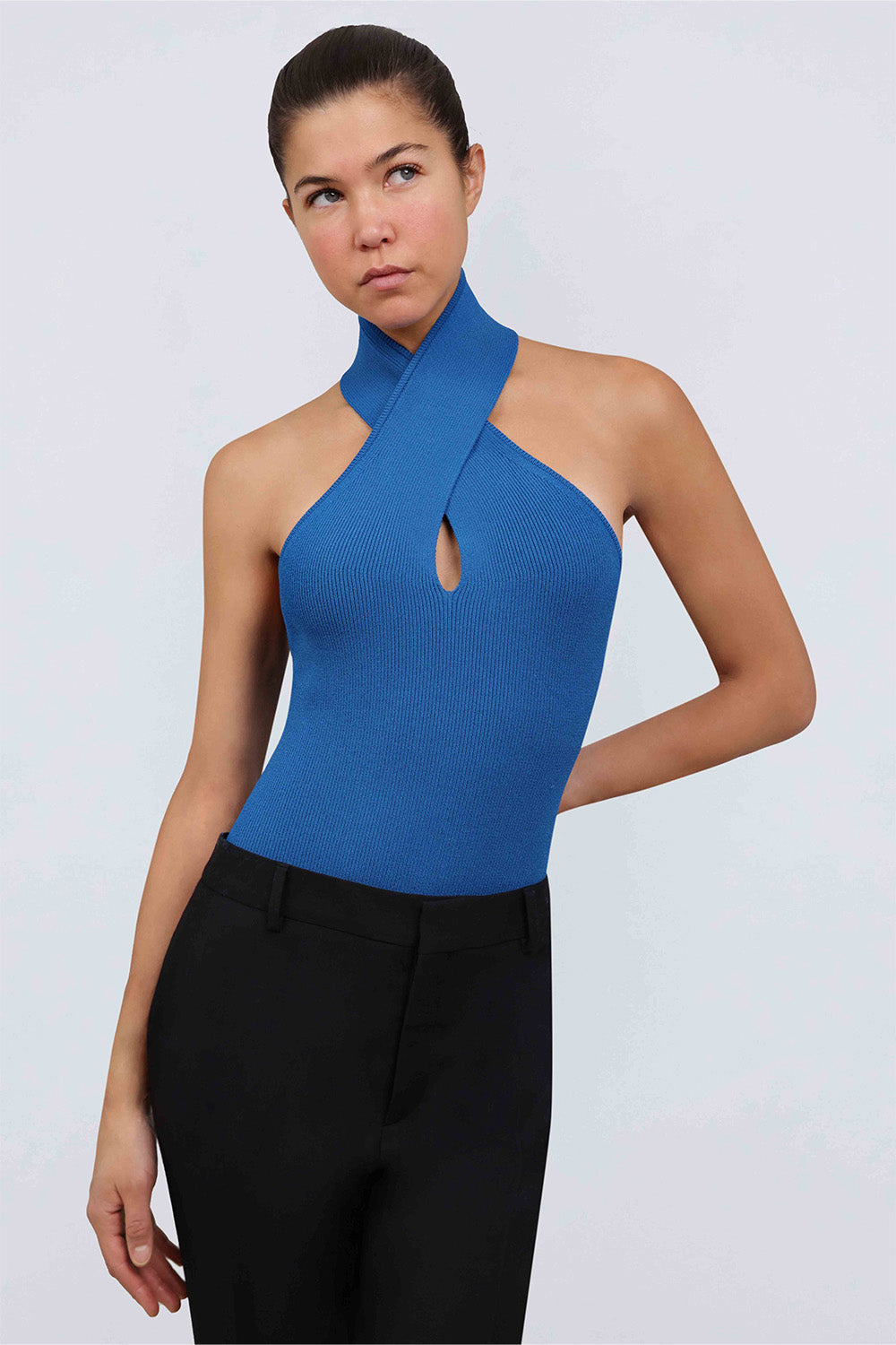 ALAIA RTW Knitted Crossover Ribbed Bodysuit | Blue