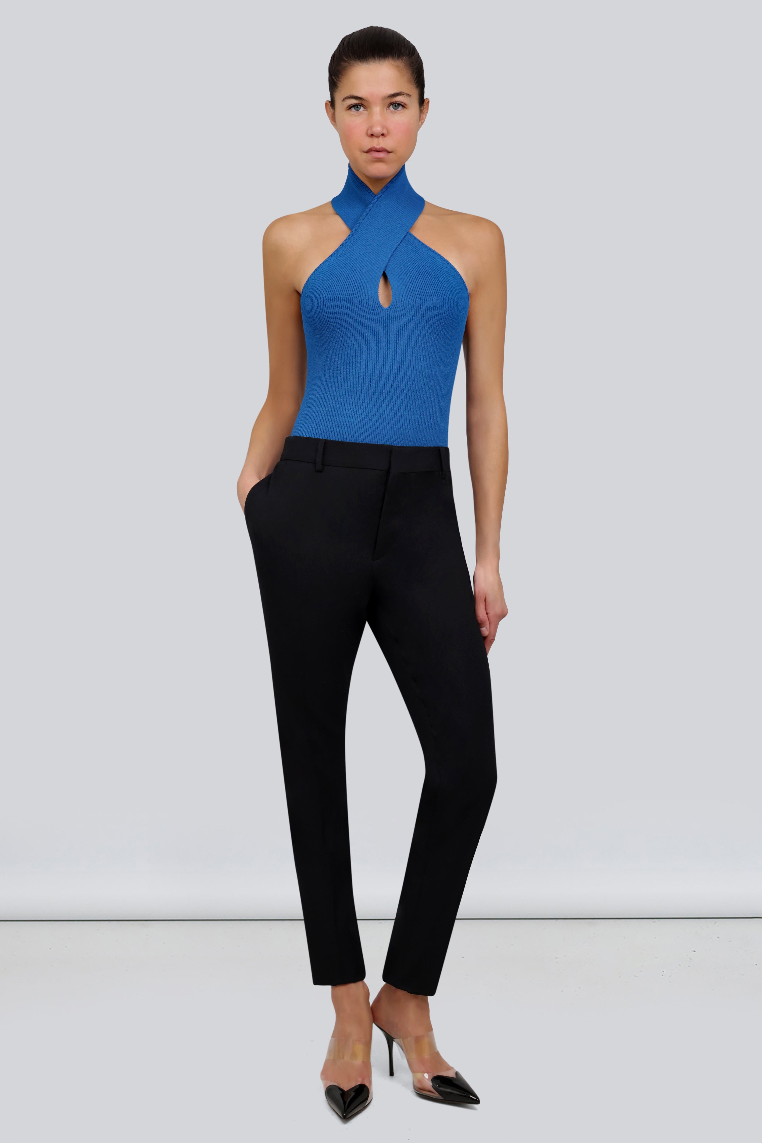 ALAIA RTW Knitted Crossover Ribbed Bodysuit | Blue