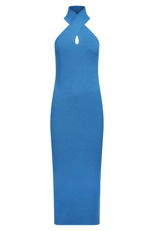 ALAIA RTW Knitted Crossover Ribbed Midi Dress | Blue