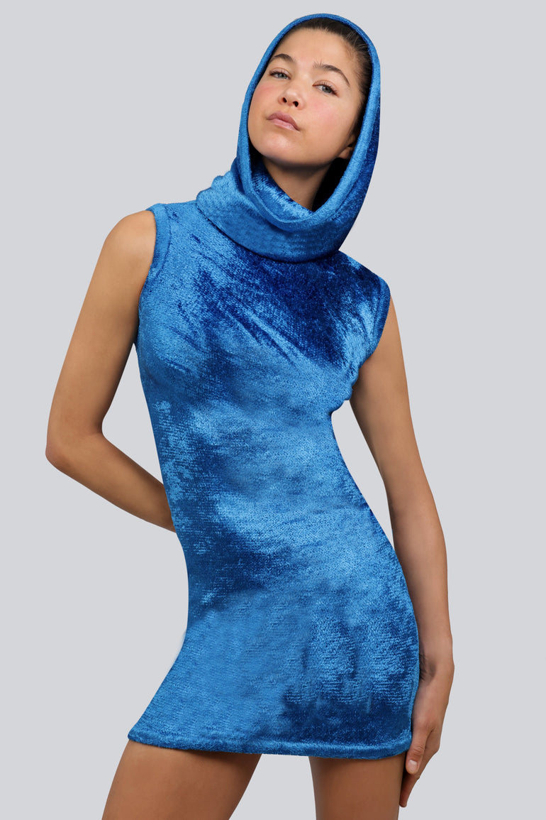 ALAIA RTW Shiny Velvet Mini Hood Dress | Azur