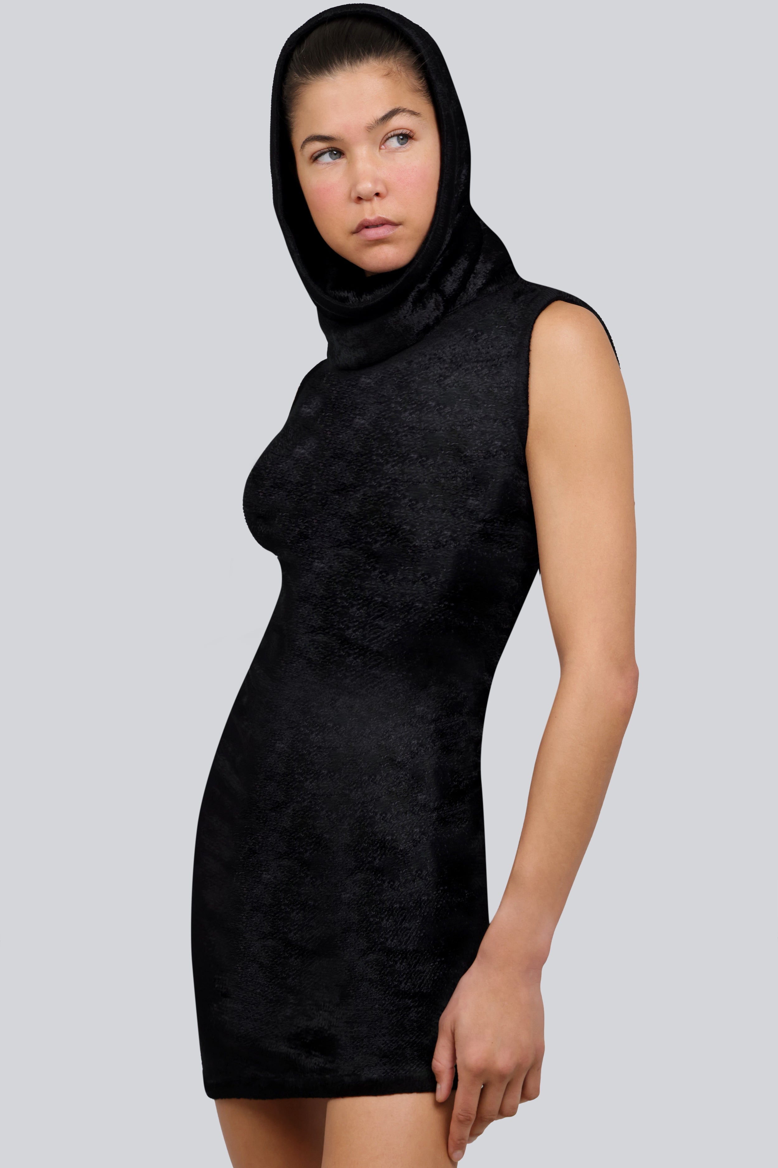 ALAIA RTW Shiny Velvet Mini Hood Dress | Black