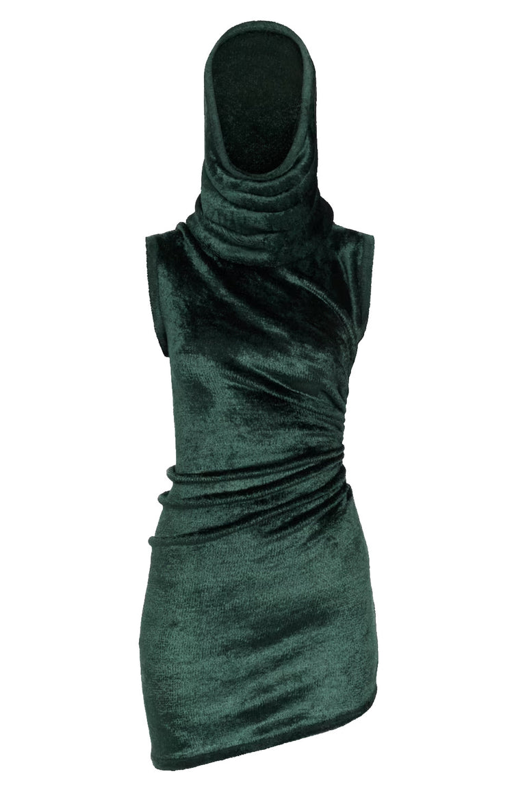 ALAIA RTW Shiny Velvet Mini Hood Dress | Forest Green