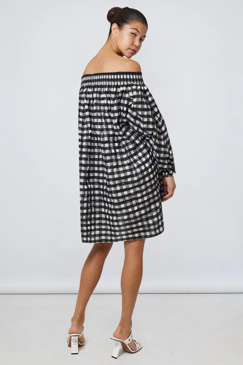 ALAIA RTW Vichy Off-Shoulder Mini Dress | Black Check