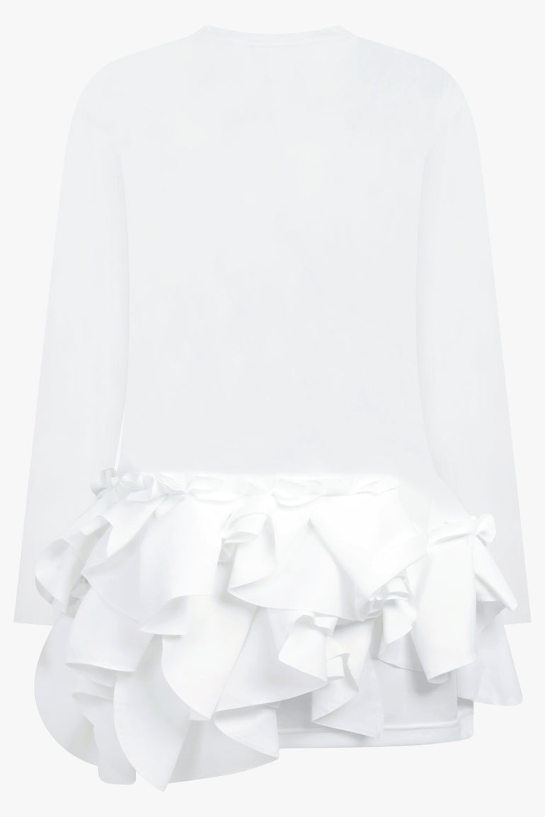 COMME DES GARCONS RTW Crew Neck L\S  Top with Exaggerated Ruffle Hem | White