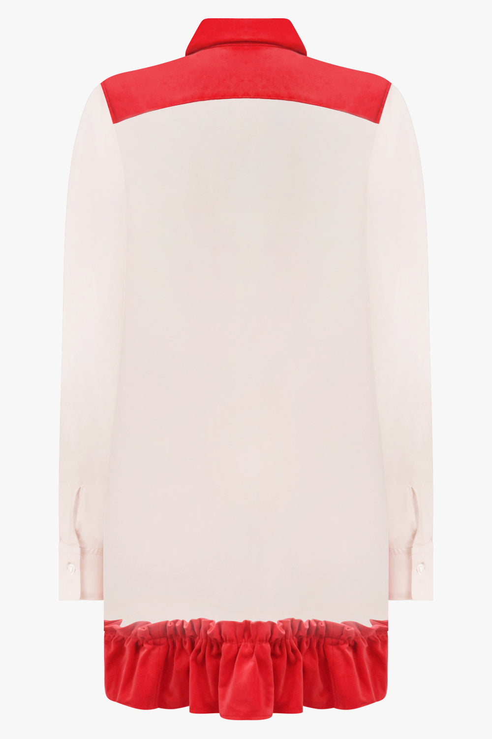 COMME DES GARCONS RTW Bow Embellish L/S Shirt With Velvet Ruffle Hem | Beige/Red