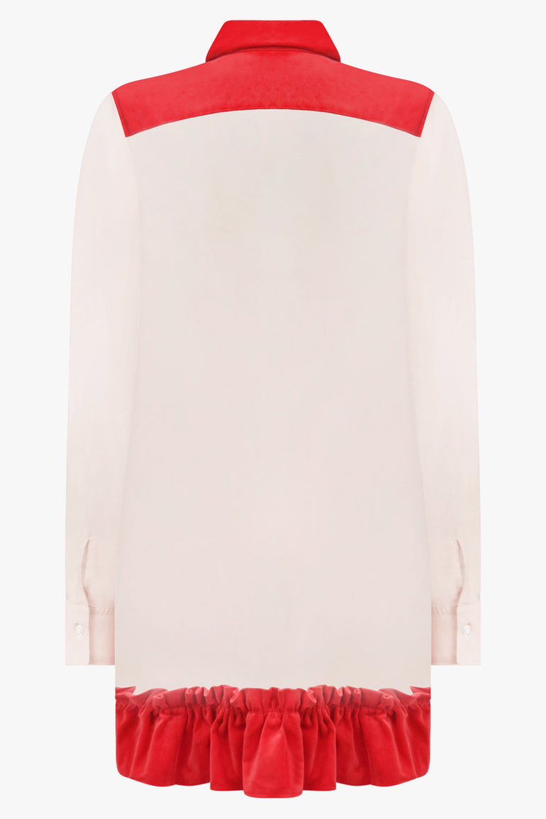 COMME DES GARCONS RTW Bow Embellish L/S Shirt With Velvet Ruffle Hem | Beige/Red