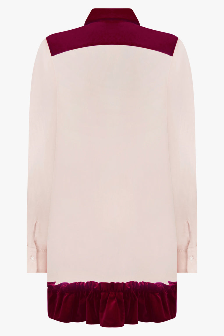 COMME DES GARCONS RTW Bow Embellish L/S Shirt With Velvet Ruffle Hem | Beige/Burgundy