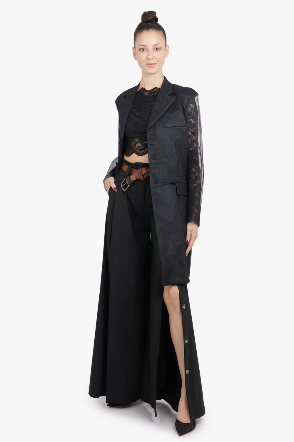 COMME DES GARCONS RTW Tulle Overlay Tailored Long Coat With Sheer Sleeves | Black