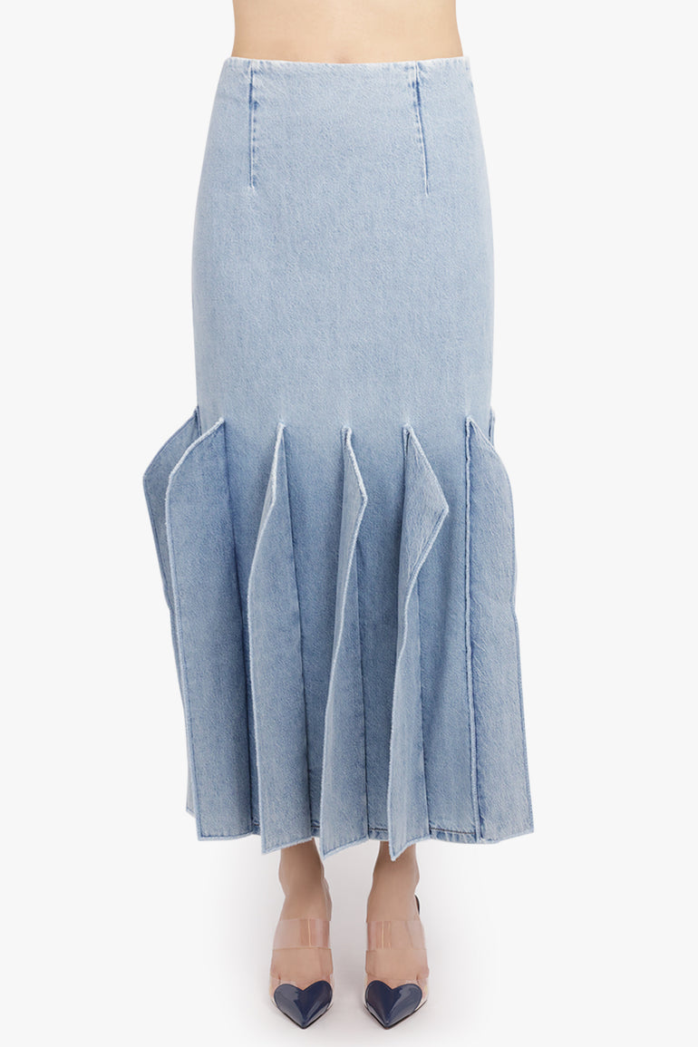 AWAKE MODE RTW Panel 3D Detail Midi Denim Skirt | Mid Blue