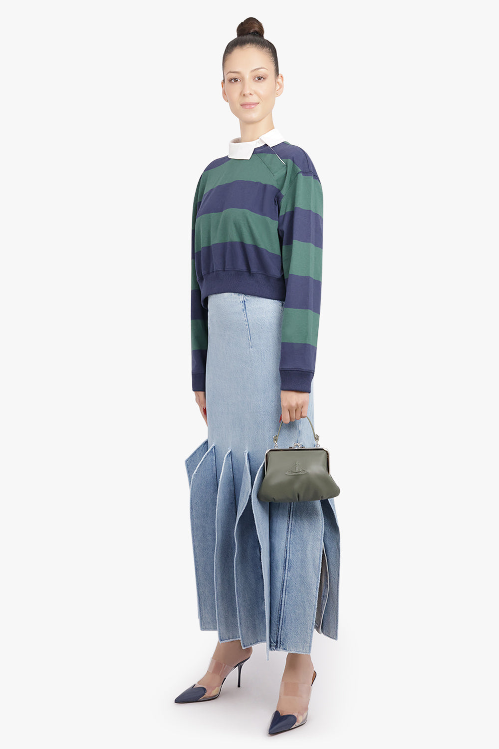 AWAKE MODE RTW Twisted Collar Stripe Rugby Style Sweatshirt Top | Green/Navy