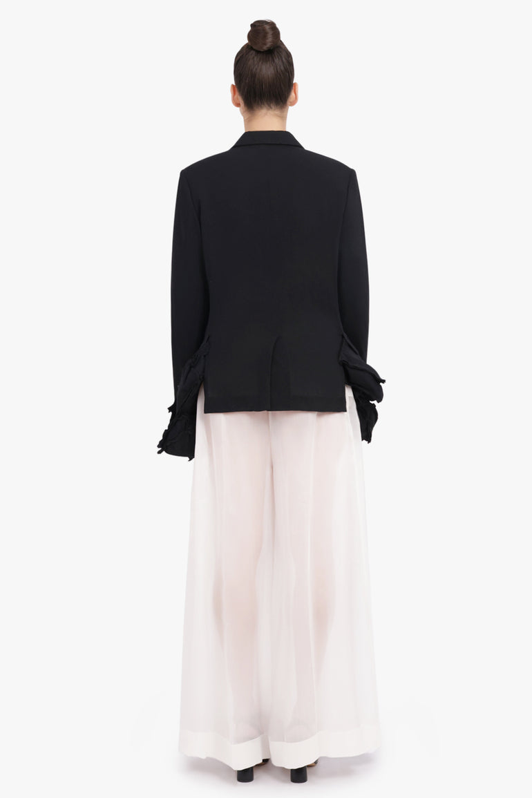 COMME DES GARCONS RTW Deconstruct Asymmetric Jacket With Tulle Hem Detail | Black